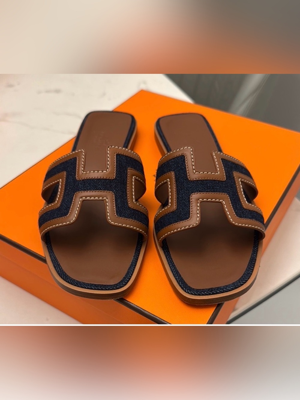 Hermes Brown Leather and Navy Fabric Slide Sandals